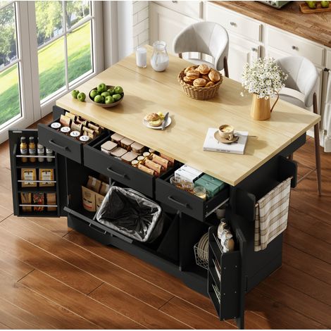 Îlot de cuisine 120x45x87 cm noir en MDF avec plateau rabattable, rangement et compartiment poubelle (1/5)