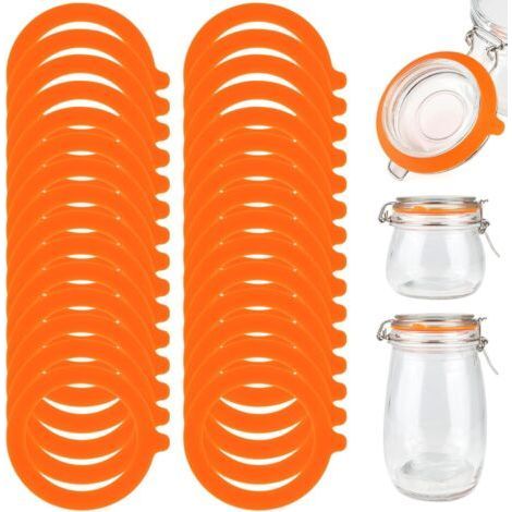 Pack of 30 Silicone Jar Seals, 70 x 95 mm Interchangeable Jar Seals, Rubber Jars for Glass Clip Lids (Orange) (1/5)
