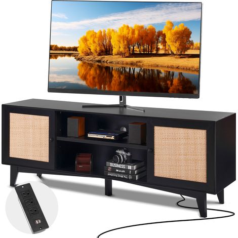 VEVOR Rattan-TV-Ständer für 191 cm Fernseher, Boho-TV-Ständer mit Rattantür, Fernsehschrank mit eingebauter Steckdose, Lagerschrank mit 2 Regalen, moderne TV-Konsole für Wohnzimmer, Schwarz (1/5)