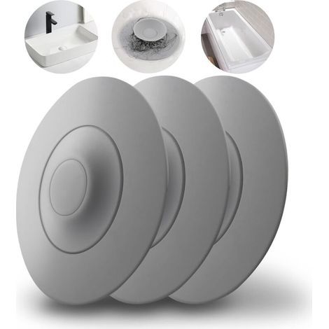 Set di 3 tappi di scarico universali in silicone pieghevole, di colore grigio, con filtro per cibo e capelli, adatti a lavandini, lavabi e vasche da bagno. (1/5)