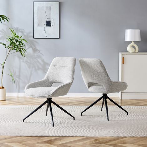 Lot de 2 fauteuils pivotants 360° en tissu beige-gris avec piètement métallique noir laqué quatre pieds, assise respirante, parfait pour salle à manger contemporaine