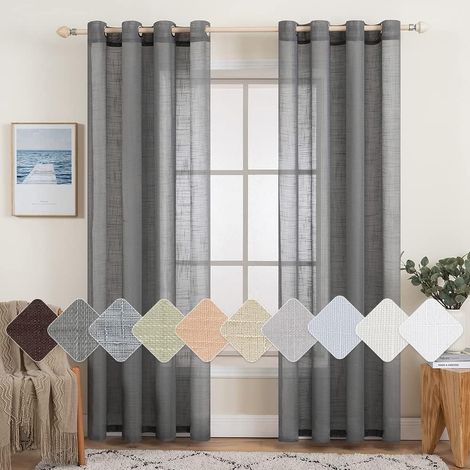 Lot de 2 Rideaux Voilages à Oeillet Imitation Lin Polyester pour Salon Chambre Bureau 140x185cm Gris Foncé