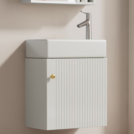 Mueble de baño con lavabo, panel con relieve tridimensional, armario de gran capacidad, MDF, blanco (1/5)