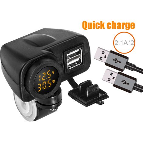 Lot de 2 chargeurs USB double pour moto – Avec voltmètre et thermomètre – Fixation au guidon, affiche tension batterie et température extérieure (1/5)