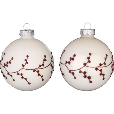 PALLINA DI NATALE IN VETRO BIANCO CON RAMO ROSSO E GLITER OPACO LUCIDO CAD UNA