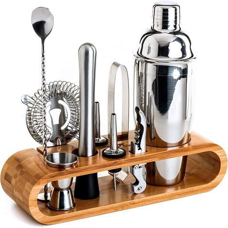 Juego de coctelería, acero inoxidable/bambú, coctelera Cobbler de 550 ml, paquete de 10, plata/marrón (1/5)