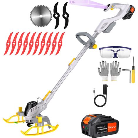 Coupe-bordures sans fil (batterie 21 V 1 x 4,0 Ah et chargeur, molette auxiliaire, tête rotative à 90°, barre de guidage télescopique réglable, comprend 3 types de lames) (B) (1/5)