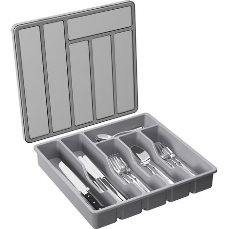 Boîte de rangement pour couverts avec couvercle, plateau à couverts, pour tiroir et plan de travail, 6 compartiments, grise (1/4)