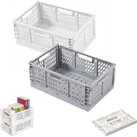 Lot de 2 paniers de rangement pliables en plastique - Petits paniers de rangement pliables - Caisses de rangement empilables pour la cuisine, la chambre d'enfant et le bureau - (Blanc + Gris) - 22 x 1 (1/5)