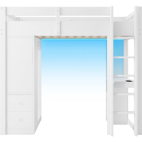 Hochbett 90x200 mit Schreibtisch, 4 Schubladen, offenem Schrank und LED-Licht, Weiß (1/5)