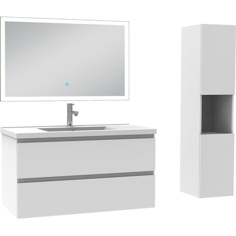 Ensemble meuble de salle de bain 100cm, vasque céramique + colonne haut + miroir lumineux, blanc (1/5)