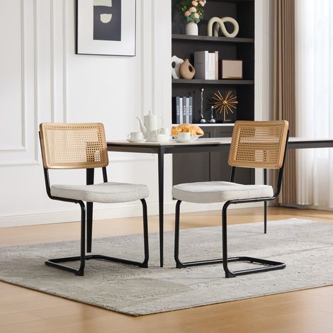 Dewalt –Modern Rattan Dining Chair with Black Metal Frame - Vintage Style Side Chair with Synthetic Cane Back & Chenille Seat Cushion for Kitchen, Living Room, Bedroom-Ivory (1/5)