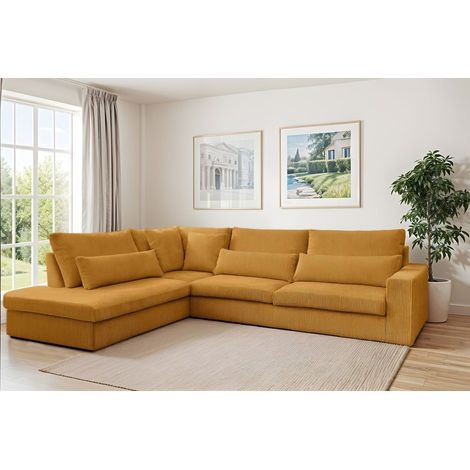 Ecksofa Designersofa THORA in Stoff Poso Honiggelb Ottomane Links (1/2)