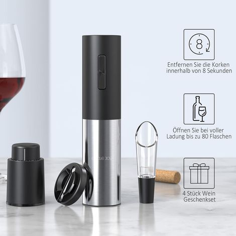 Tire-bouchon électrique rechargeable avec coupe-capsule, barboteur et bouchon à vin sous vide. Acier inoxydable. (1/3)