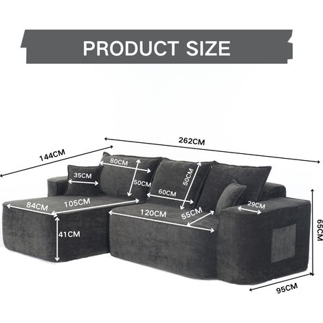 Canapé d’angle L « Canapé Nuage » 264 cm avec chaise longue,siège bas XXL,sans montage,canapé modulaire moderne en chenille noire pour le salon