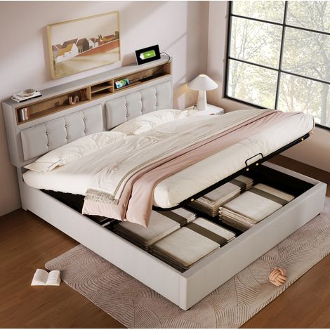 Polsterbett 140/200 cm beige aus Leinen mit Stauraum und USB-C-Ladefunktion (1/5)