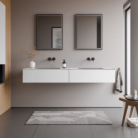 BERNSTEIN - Meuble vasque suspendu MDF Blanc laqué, lavabos en Fonte Anthracite mat, 2 tiroirs poussoir & Soft-Close - 180x52x27cm - ARCTIC