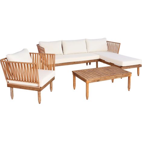 Set salotto giardino esterno salottino HHG-104 intreccio polyrattan acciaio legno acacia cuscini avorio bianco