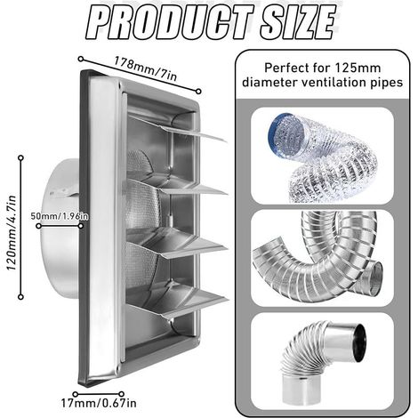 Grille de ventilation en acier inoxydable avec volet de commande, 125 mm, pour tuyau et couvercle d'extracteur VMC avec joint en caoutchouc (1/5)