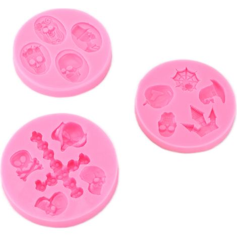 Lot de 3 moules en silicone pour Halloween, en forme de crâne et de château, résistants et antiadhésifs, pour fondant. (1/5)