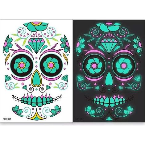 Autocollants phosphorescents squelette - 2 feuilles - Tatouages glow in the dark - Pour Halloween - Accessoire (1/4)