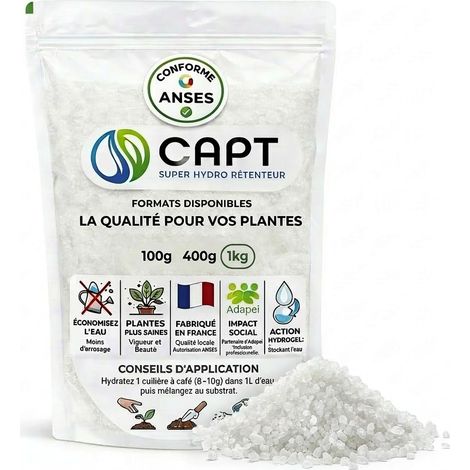 CAPT® Hydro Rétenteur d'eau - Hydrogel Rétenteur d'Eau pour Plantes en Pot - Billes Réserve d'eau, Arrosage Automatique Vacances - Homologuée ANSES - 1kg