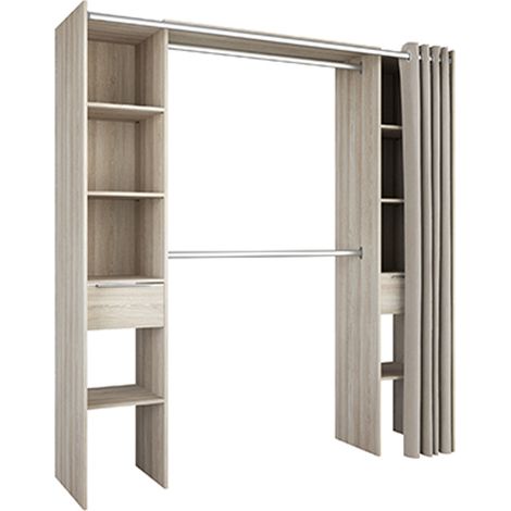 Pegane – Kit dressing avec rideau chêne shannon – Dimensions 115 x 203 x 50 cm – Panneaux de particules – Pour espaces design