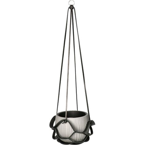 ABRATO Pot de fleurs en cuir noir avec suspension + pot de fleurs (1/5)