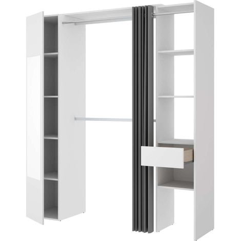 Vestidor Rus I con columna cerrada  espejo cortina y baldas en blanco 205 cm(alto)177,4 cm(ancho)52 cm(fondo) (1/4)