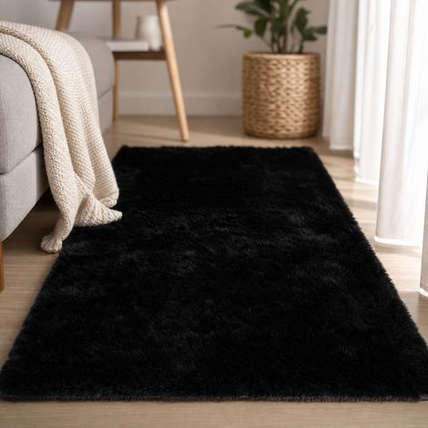 Tapis moelleux poils longs noir 60x120 cm, mélange soie et laine antidérapant (1/4)