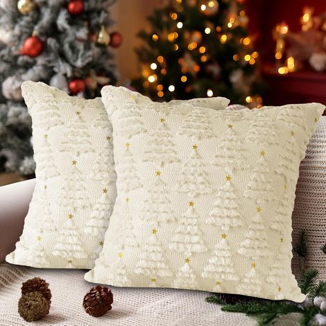 Fundas de cojín navideñas de 45x45 cm, juego de 2, fundas de almohada decorativas con diseño de árbol de Navidad en forma de estrella, fundas de cojín de felpa para sofá, ideales para decoración. (1/5)