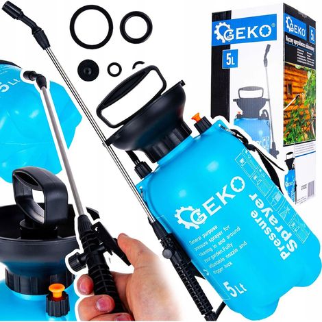 Spruzzatore manuale a pressione Geko da 5 litri con lancia e tracolla.