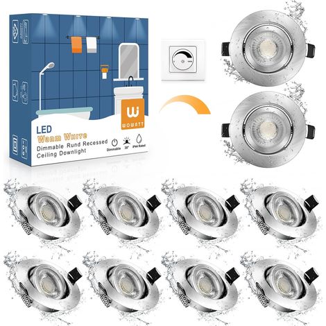 Spot Encastrable LED Dimmable, 5.5W 2800K Blanc Chaud Lot de 10 600LM AC 220V IP44 Étanche pour Salle de Bain, Spots de Plafond Encastrés Orientable Extra Plat Rond, Trou 68mm - 75mm (1/5)