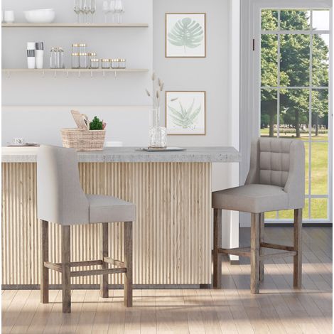 Lot de 2 tabourets de bar avec dossier, revêtement en tissu beige, capitonnage à boutons, repose-pieds et assise confortable pour cuisine et bar – CHICFURN (1/5)