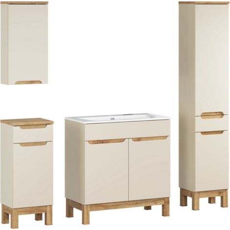 Insieme ERMANO cashmere e finitura quercia 150cm: mobile sottolavabo + lavabo incassato + mobili sospesi e da appoggio