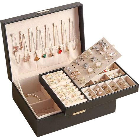 (Noir) Boîte de rangement à bijoux double couche en acier inoxydable, adaptée aux colliers et boucles d'oreilles pour femmes et enfants. (1/2)