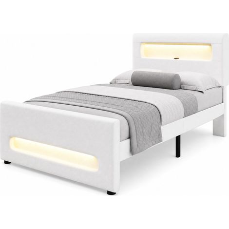 Lit enfant 90 x 200 cm avec escalier, tiroir à roulettes, LED contrôlées par application, cadre en MDF et revêtement blanc en cuir régénéré - FLORAGRACE (1/5)