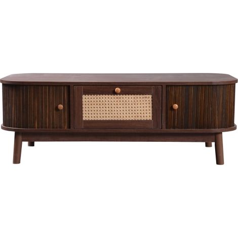 Table basse rotin avec tiroirs, portes coulissantes bois massif