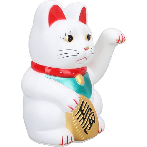 Chaton porte-bonheur blanc 18 cm avec bras qui bouge, en plastique, fonctionne sur piles, ornement porte-bonheur pour maison, hôtel, bureau, cadeau de pendaison de crémaillère (1/5)