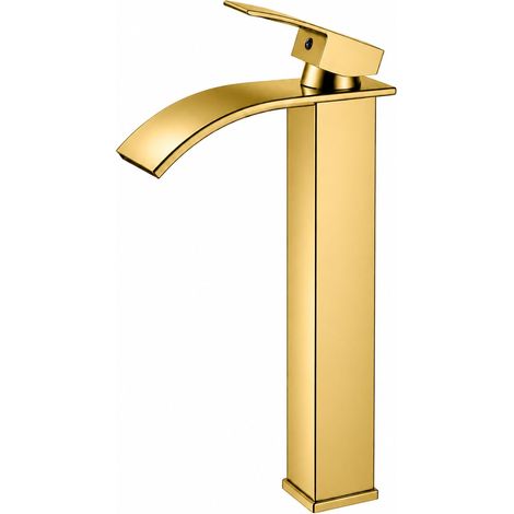 Robinet de lavabo bec cascade - Mitigeur laiton chromé - Hauteur 30 cm, sortie large anti-éclaboussures - Salle de bain-1/2 (1/5)