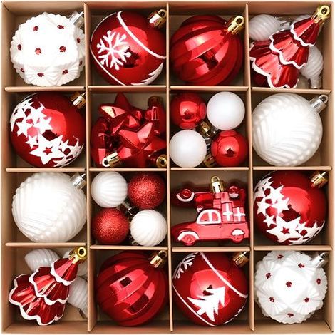 42 boules de Noël - Décoration de Noël - Boules de Noël - Décoration pour sapin de Noël - Lot de boules de Noël - Plastique - Rouge et blanc (1/5)