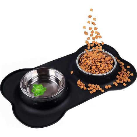 Dog Bowl En acier inoxydable Pet Feeder Bowls Set, avec tapis en silicone résistant au dérapage résistant, pour petits et moyens chiens Bols de nourriture et d'eau (m-14oz /