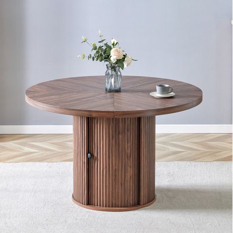 Mesa de comedor redonda de 115 cm con espacio de almacenamiento, para 4-6 personas, estructura estable, MDF color nogal (1/5)