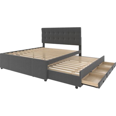 Cama tapizada 140x200 cm gris con cama nido, 3 cajones y cabecero regulable, sin colchón (1/5)
