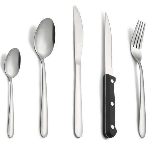couverts avec couteau a steak, 30 pièces couverts de table pour 6 personnes, couvert en argent comprenant cuillère, couteau, fourchette, set couverts de table inox, lave-vaisselle (1/5)