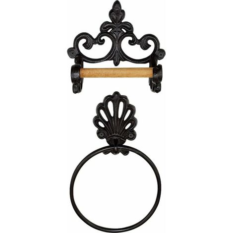 Black Toilet Roll Holder Towel Holder Round, Bathroom Towel Ring Toilet Roll Holder Wall Mounted, Industrial Cast Iron Toilet Paper Holder Towel Rails Wooden Roller Holder, With Screws, Vintage Design (1/5)