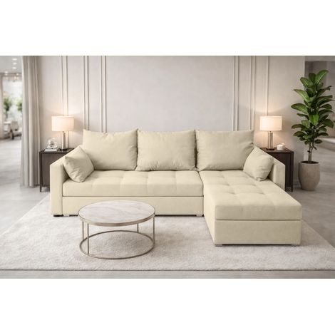 AX LIVING Ecksofa ELIF Creme mit Schlaffunktion L-Form, Sofa mit Bettkasten - Moderne Ecksofa, Wohnzimmer Ecksofa - Eckcouch Creme - Rechts