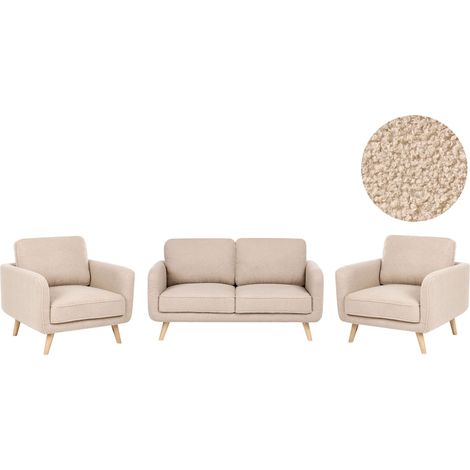 Ensemble de Salon Canapé et Fauteuils 4 Places Rembourré Pieds en Bois Style Traditionnel Tissu Bouclé Beige Kilja (1/5)