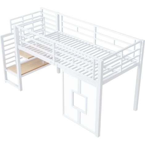 Cama alta metálica 90 x 200 cm blanca con escalera, almacenaje, LED y ventanas HOMVRA (1/5)