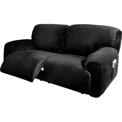 Housse de Canapé Inclinable 2 Places Extra Large (190-254cm), 6 Pièces en Velours avec Poche Latérale, Antidérapante et Lavable, Protection pour Causeuse (Noir) (1/5)